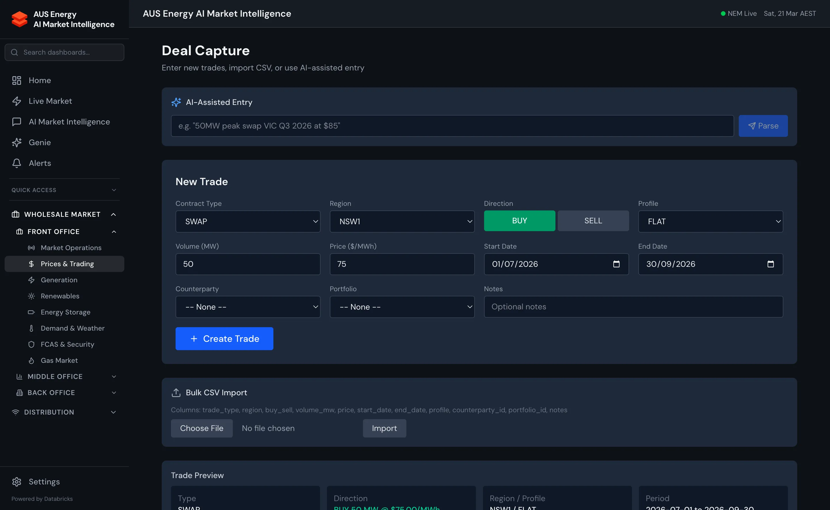 Deal Capture showing trade entry form with contract type, region, direction, volume, price, counterparty, and AI-assisted natural language entry