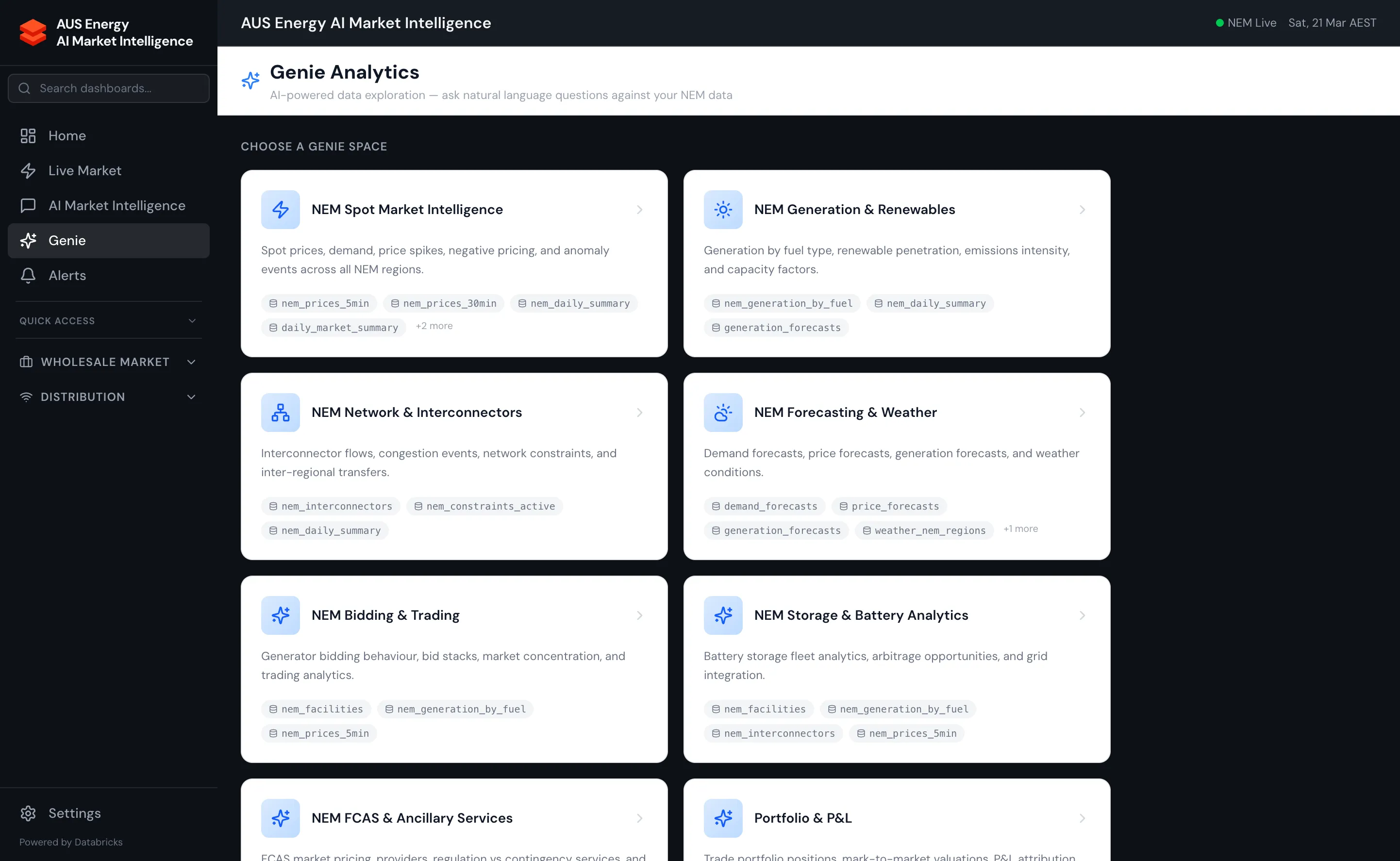 Genie Analytics page showing 16 available Genie spaces spanning NEM spot market, generation, storage, FCAS, portfolio, settlement, and DNSP intelligence