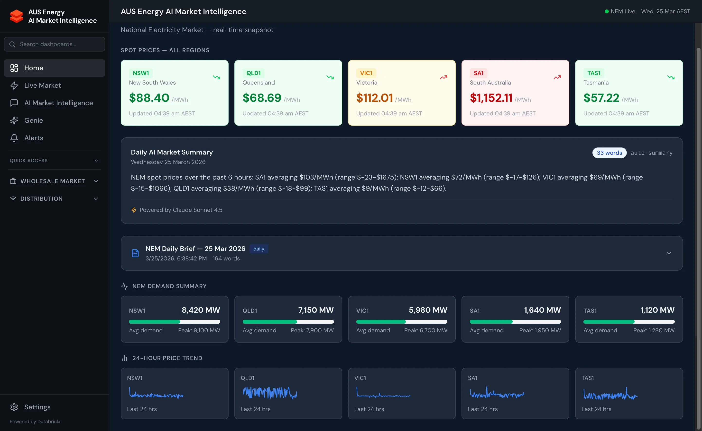 Energy Copilot home dashboard showing live NEM executive overview with spot prices and demand data across all regions
